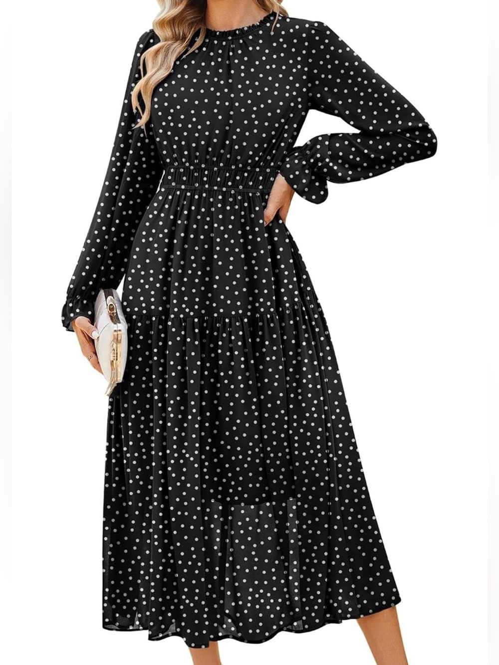 Grace Karin Black Boho Maxi Dress with White Polka Dots and Pockets!